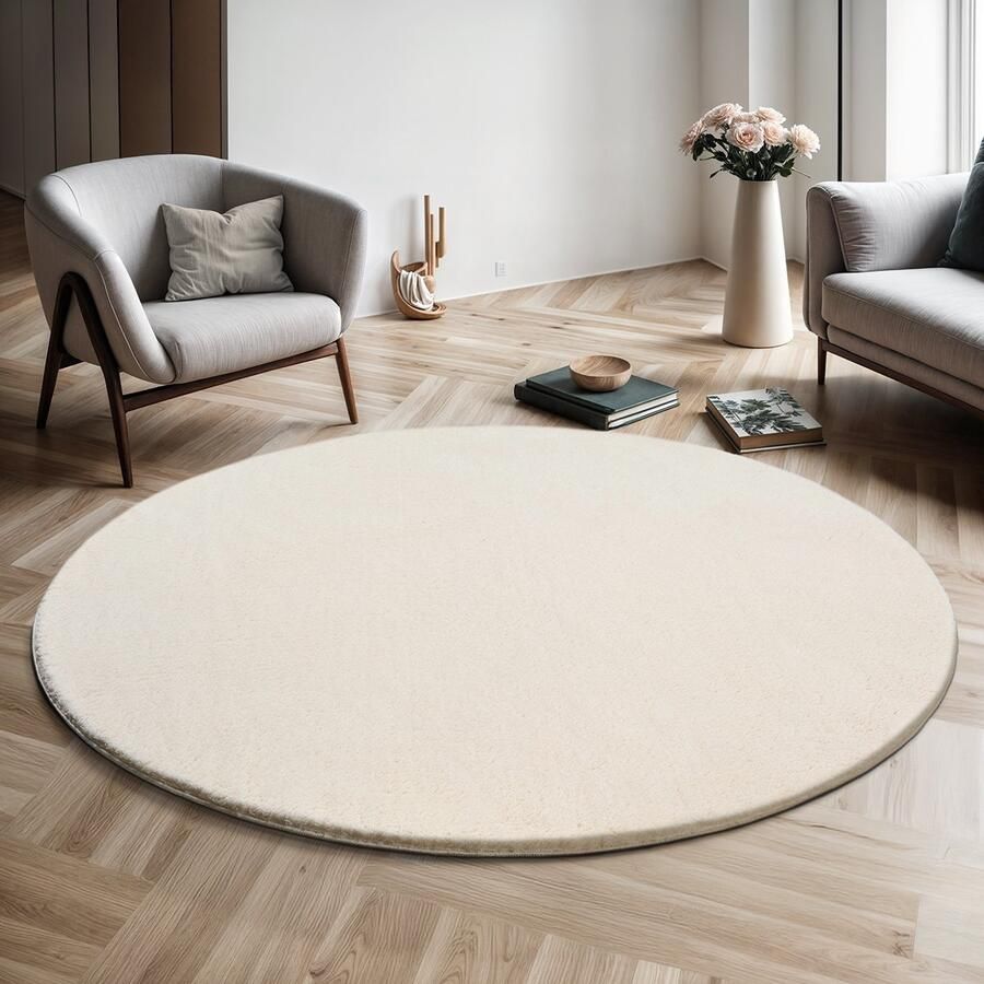The carpet Vloerkleed voor woonkamer of slaapkamer in creme 120x120 cm Modern en zacht kortpolig tapijt Rond Antislip onderkant Wasbaar tot 30 Graden Rug for bedroom or living room RELAX kleed by - Foto 2