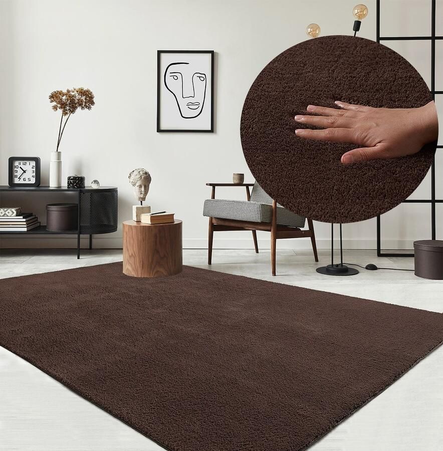 The carpet Relax – Extra Zacht & Wasbaar Vloerkleed tot 30°C met Antislip Onderzijde – Fluweelachtige Structuur – Voor Slaapkamer of Woonkamer – Bruin 80 x 300 cm - Foto 2