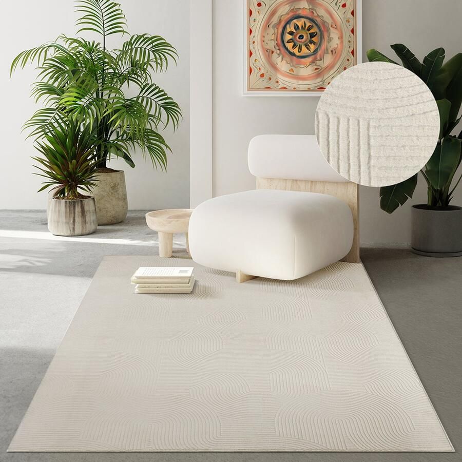 The carpet Rio – Modern & onderhoudsvriendelijk laagpolig vloerkleed met 3D-reliëf zachte touch & antislip rug – geschikt voor woonkamer slaapkamer of hal – crème 80 x 150 cm - Foto 2