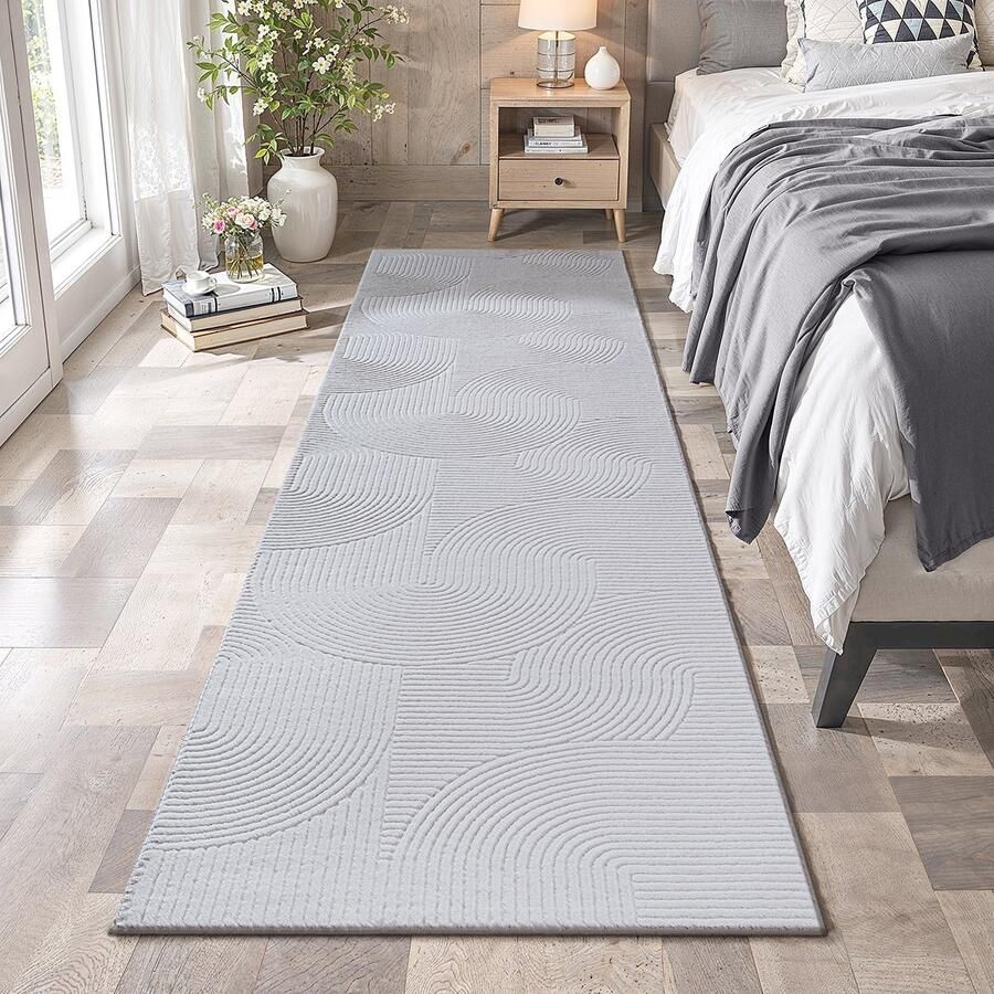 The carpet Rio – Modern & onderhoudsvriendelijk laagpolig vloerkleed met 3D-reliëf zachte touch & antislip rug – geschikt voor woonkamer slaapkamer of hal – offwhite 80 x 300 cm - Foto 2