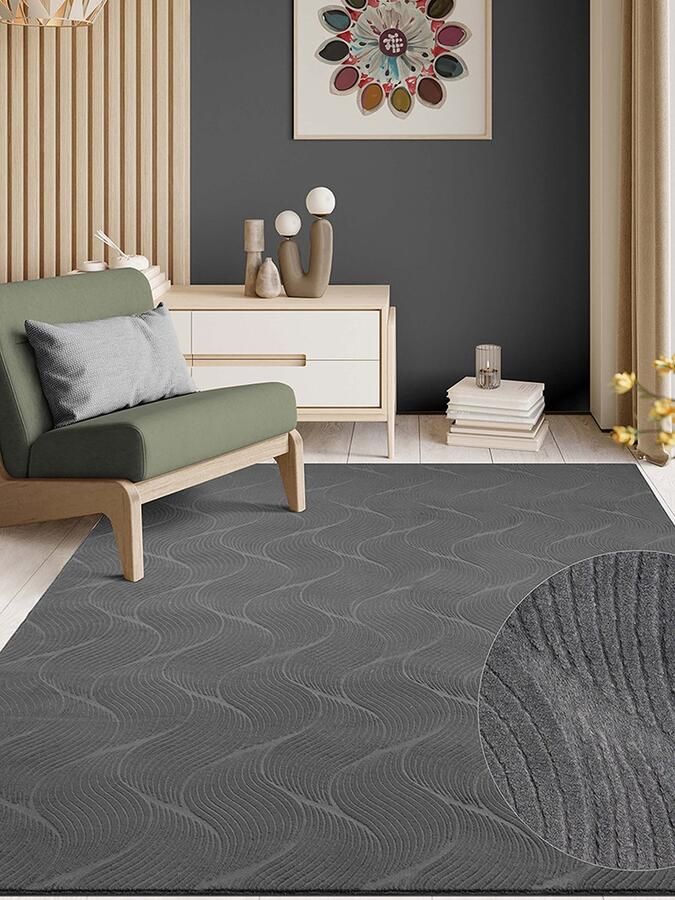 The carpet Rio modern en zacht tapijt woonkamer slaapkamer met anti-slip rug en 3D-look pluizig oppervlak gemakkelijk schoon te maken en robuust Anthracite 80 x 300 cm - Foto 2