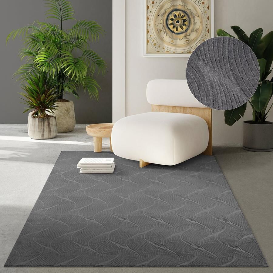 The carpet Rio modern en zacht tapijt woonkamer slaapkamer met anti-slip rug en 3D-look pluizig oppervlak gemakkelijk schoon te maken en robuust Anthracite 80 x 300 cm