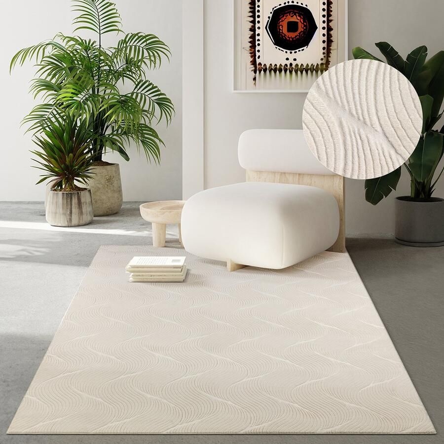 The carpet Rio – Modern & onderhoudsvriendelijk laagpolig vloerkleed met 3D-reliëf zachte touch & antislip rug – geschikt voor woonkamer slaapkamer of hal – crème 120 x 160 cm