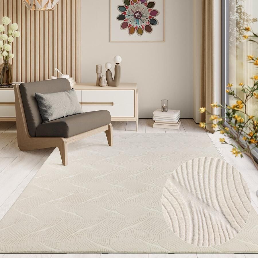 The carpet Rio modern en zacht tapijt woonkamer slaapkamer met anti-slip rug en 3D-look pluizig oppervlak gemakkelijk schoon te maken en robuust Crème 120 x 160 cm