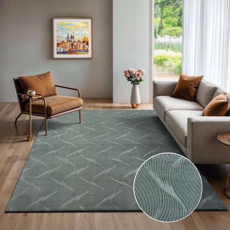 The carpet Rio modern en zacht tapijt woonkamer slaapkamer met anti-slip rug en 3D-look pluizig oppervlak gemakkelijk schoon te maken en robuust Green 200 x 280 cm