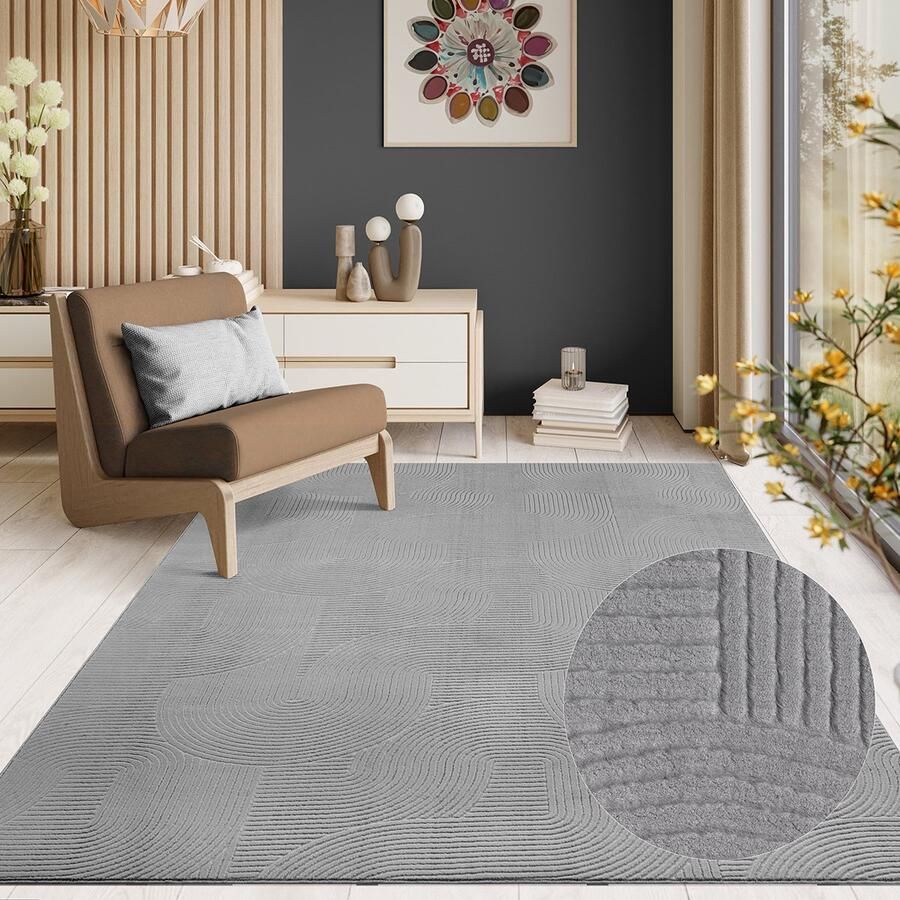 The carpet Rio modern en zacht tapijt woonkamer slaapkamer met anti-slip rug en 3D-look pluizig oppervlak gemakkelijk schoon te maken en robuust Grijs 140 x 200 cm - Foto 2