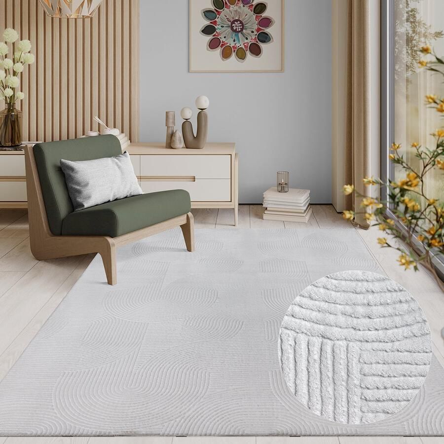 The carpet Rio modern en zacht tapijt woonkamer slaapkamer met anti-slip rug en 3D-look pluizig oppervlak gemakkelijk schoon te maken en robuust Gebroken wit 80 x 300 cm