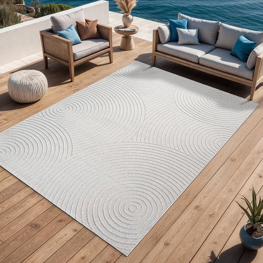 The carpet Santo Plus – Weerbestendig outdoor vloerkleed met cirkelpatroon en 3D structuur geschikt voor balkon terras en woonkamer crème met 3D cirkelpatroon 200 x 280 cm - Foto 2
