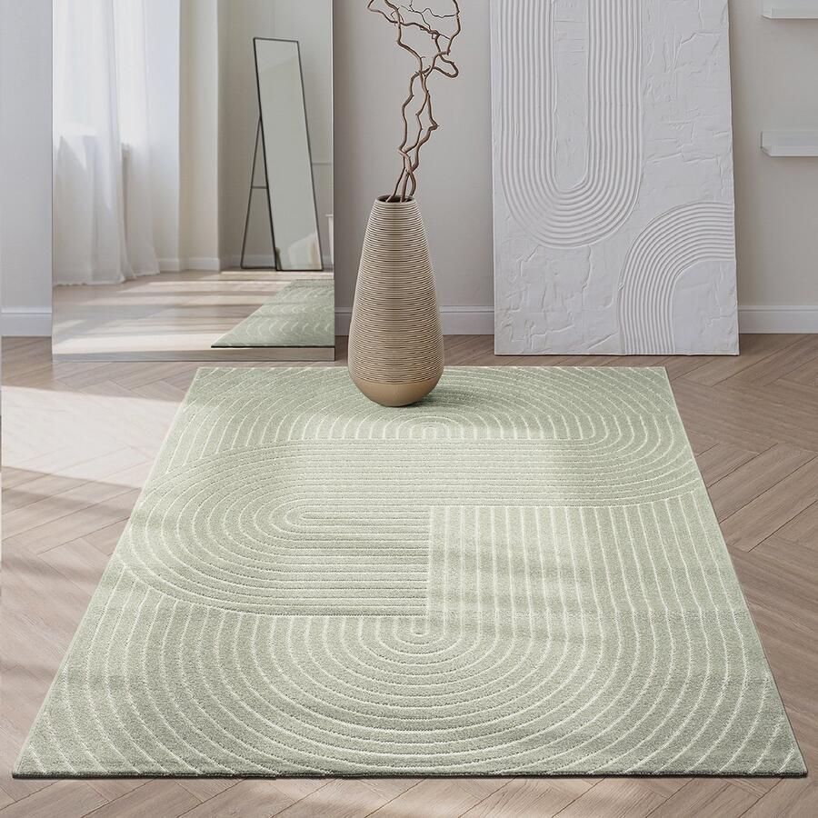 The carpet Santo Plus – Weerbestendig outdoor vloerkleed met 3D patroon geschikt voor balkon terras en woonkamer groen met boho-accenten 200 x 280 cm