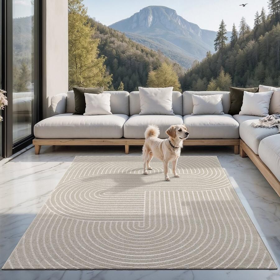 The carpet Santo Plus – Weerbestendig outdoor vloerkleed met 3D patroon geschikt voor balkon terras en woonkamer beige met boho-accenten 240 x 340 cm
