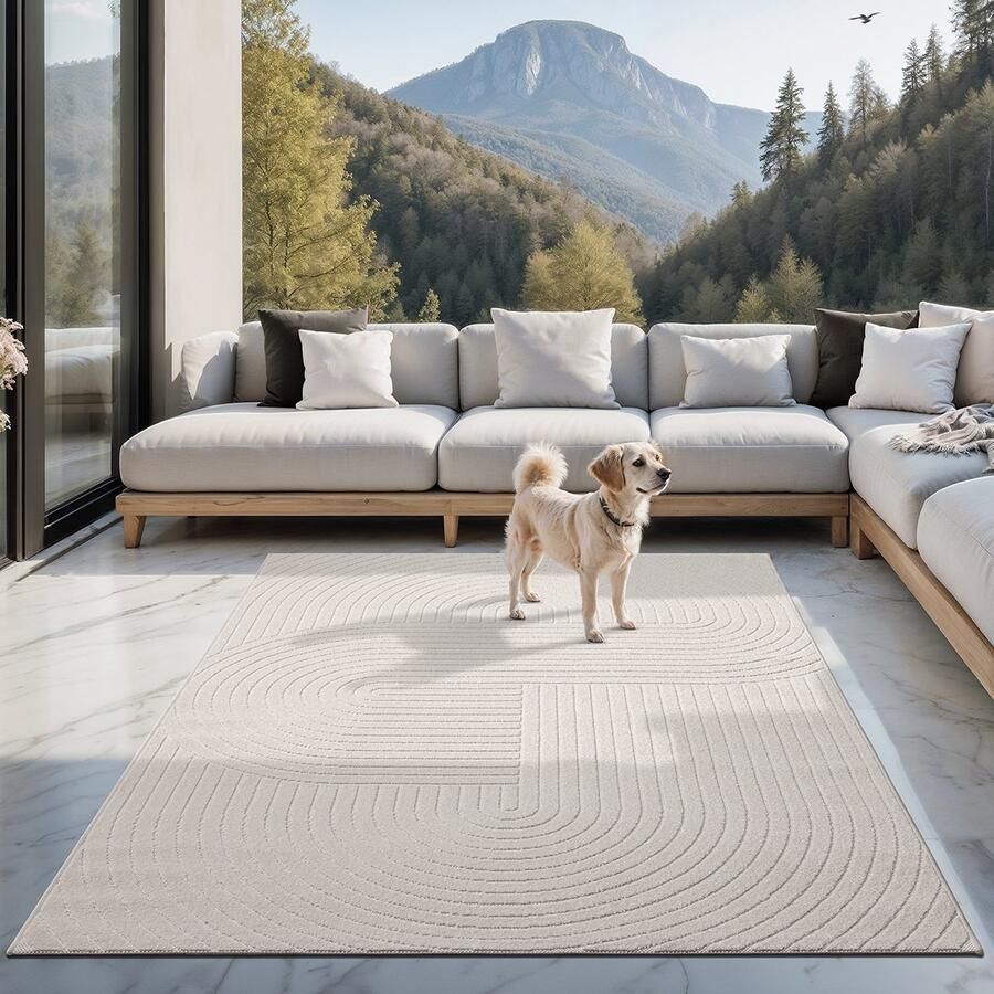 The carpet Santo Plus – Weerbestendig outdoor vloerkleed met 3D patroon geschikt voor balkon terras en woonkamer crème met boho-accenten 80 x 150 cm