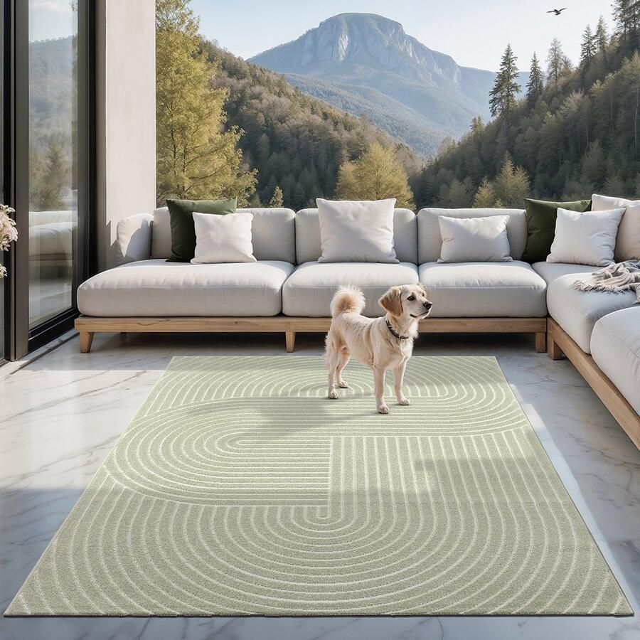 The carpet Santo Plus – Weerbestendig outdoor vloerkleed met 3D patroon geschikt voor balkon terras en woonkamer groen met boho-accenten 240 x 340 cm