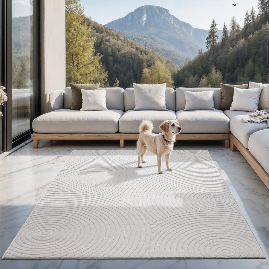 The carpet Santo Plus – Weerbestendig outdoor vloerkleed met cirkelpatroon en 3D structuur geschikt voor balkon terras en woonkamer crème met 3D cirkelpatroon 200 x 280 cm