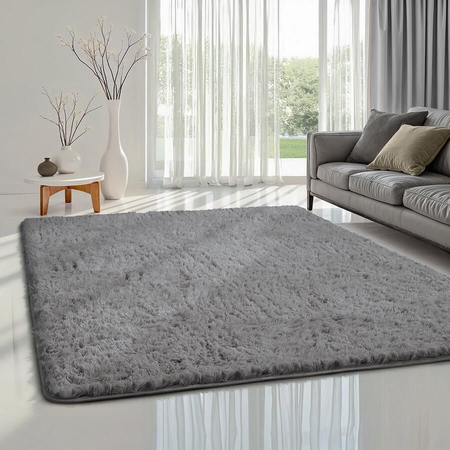 The carpet Soft Shaggy pluizig hoogpolig tapijt woonkamer kinderkamer antislip onderkant knuffelzacht en superzacht grijs rond 120 cm