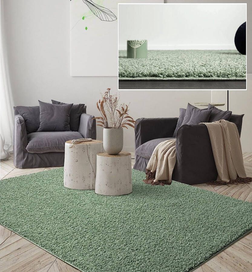 The carpet Foxy Shaggy – Hoogpolig wasbaar vloerkleed met antislip geschikt voor woonkamer en slaapkamer groen 160 x 230 cm
