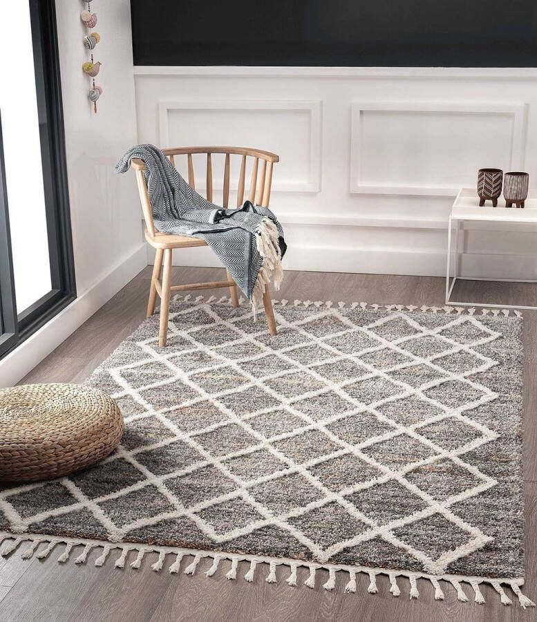 the carpet Vloerkleed 160x230 langpolig Handgemaakt-Look Superzacht Woonkamerkleed 3D Effect Franjes Scandinavisch Ruitpatroon Vera