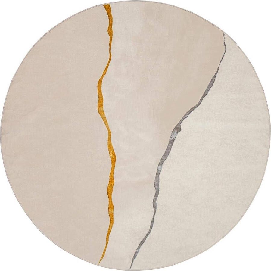 The carpet Mila – Luxe vloerkleed met marmerlook en gouden accenten voor woonkamer of slaapkamer crème met marmer patroon en goudgrijze accenten 200 cm rond - Foto 2