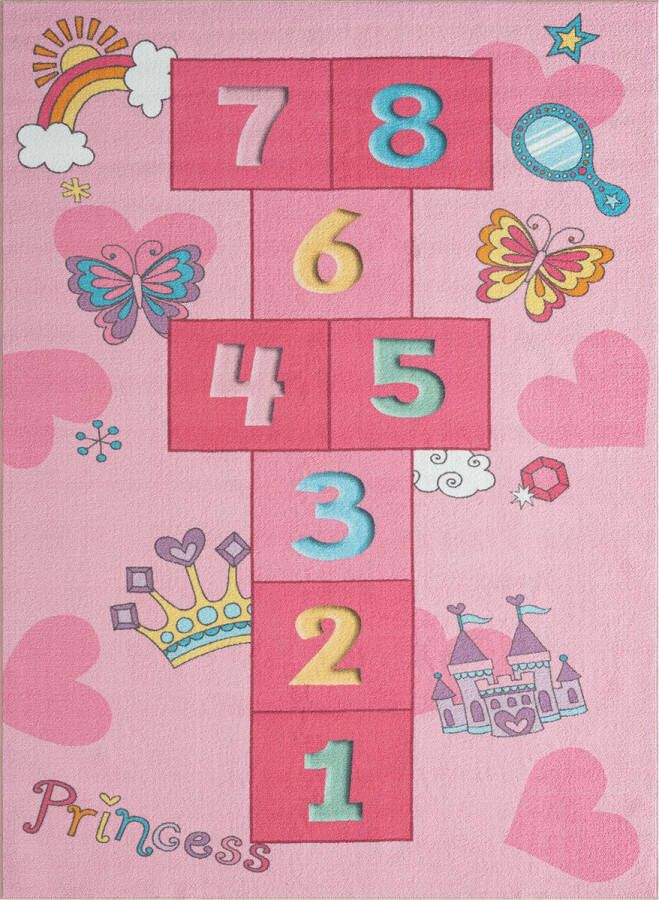 The carpet Vloerkleed Happy Life Kinderkamer Kinderdeken Speelkleed Wasbaar Cijferkleed Springkussen Cijfers Roze 140 x 200 cm