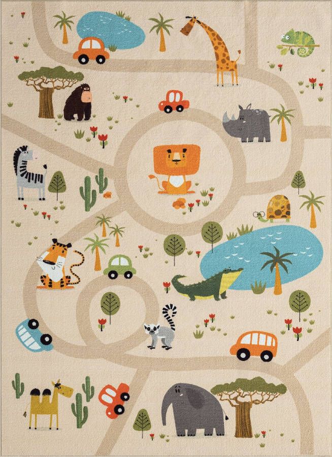 The carpet Vloerkleed kinderkamer Beige 100x200 cm Afwasbaar Antislip Tapijt voor jongens en meisjes met een straat en jungledieren Happy Life by