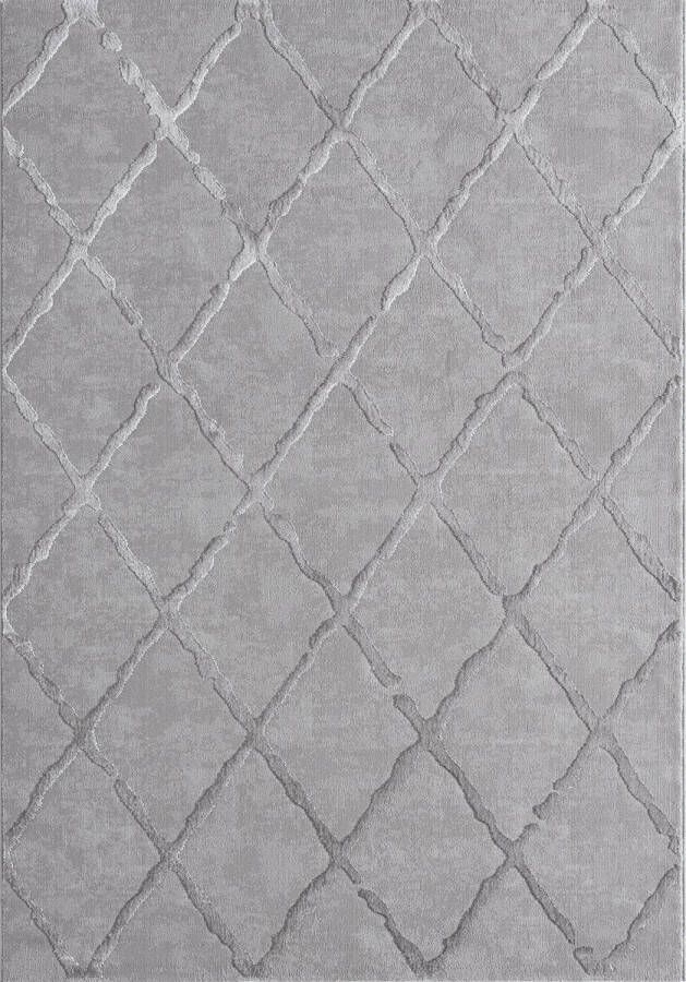 The carpet Vloerkleed Knight Elegant Hoge kwaliteit Woonkamerkleed Zachte korte pool 3-D effect Glanzende design elementen Hoog-Laag structuur Grijs-Rhombus 80 x 150 cm