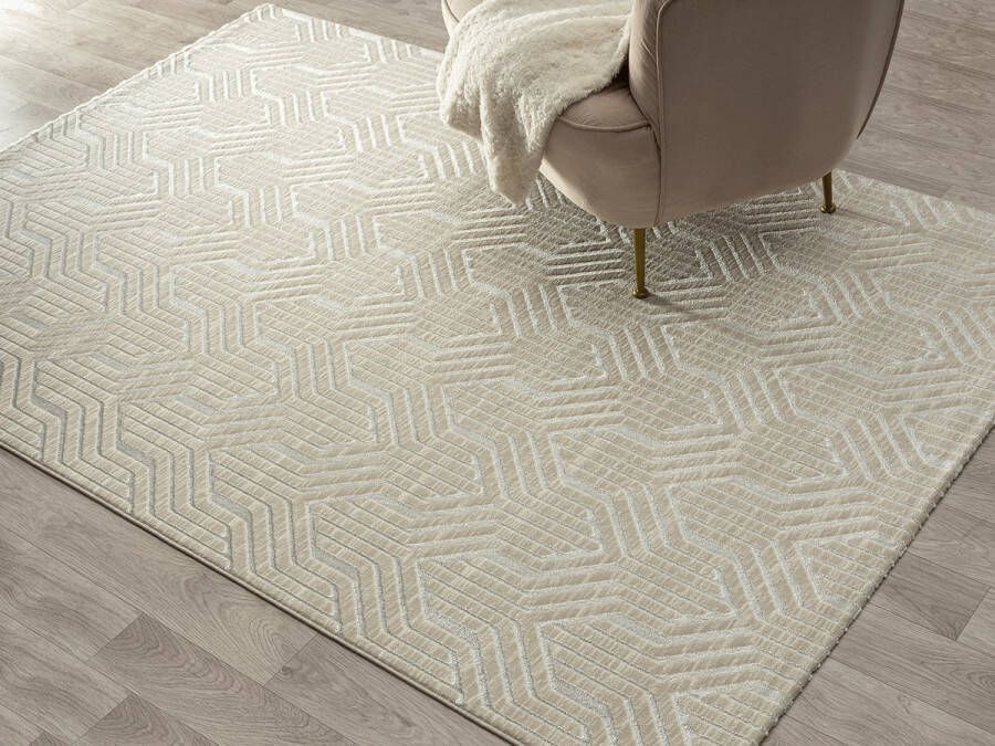 The carpet Vloerkleed Mila modern tapijt woonkamer elegant glanzend kortpolig woonkamer tapijt in crème met geometrisch patroon tapijt 80 x 300 cm