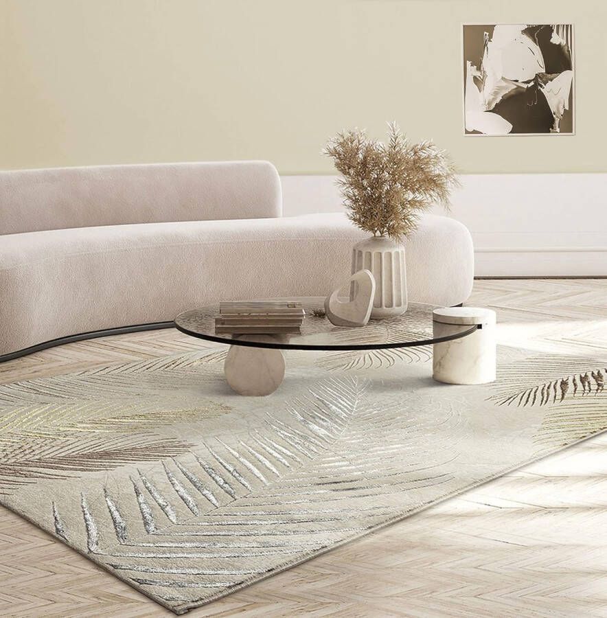 The carpet Vloerkleed Mila modern tapijt woonkamer elegant glanzend kortpolig woonkamer tapijt in crème met goud zilver veren patroon tapijt 120 x 170 cm - Foto 3