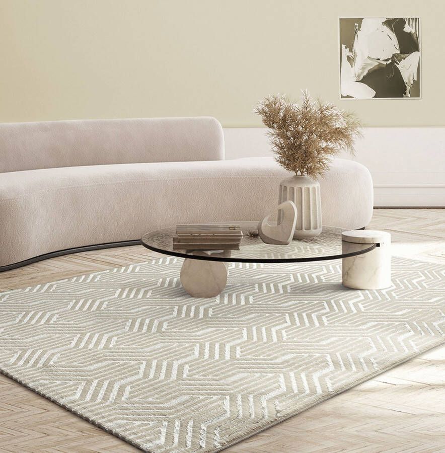 The carpet Mila – Geometrisch vloerkleed met glanzend art déco patroon voor woonkamer en kantoor beige crème met geometrisch lijnenpatroon en glans 80 x 150 cm - Foto 3