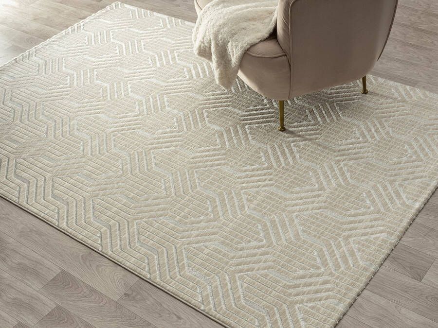 The carpet Vloerkleed Mila modern tapijt woonkamer elegant glanzend kortpolig woonkamer tapijt in crème met geometrisch patroon tapijt 80 x 300 cm - Foto 2