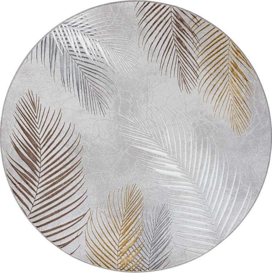 The carpet Vloerkleed Mila modern tapijt woonkamer elegant glanzend kortpolig woonkamer tapijt in grijs met goud zilver veren patroon tapijt 200 cm rond - Foto 3