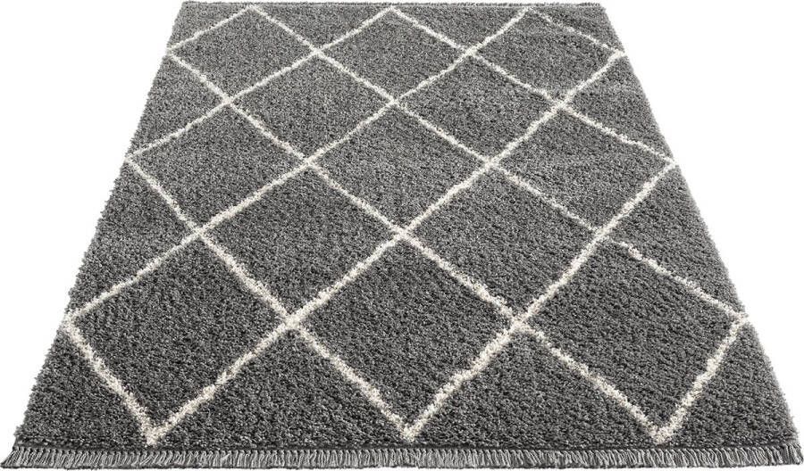 the carpet Vloerkleed Tapijt Woonkammer Bahar Shaggy Hoogpolig (35 mm) Langpolig Woonkamerkleed Ruitpatroon Grijs 80x150 cm