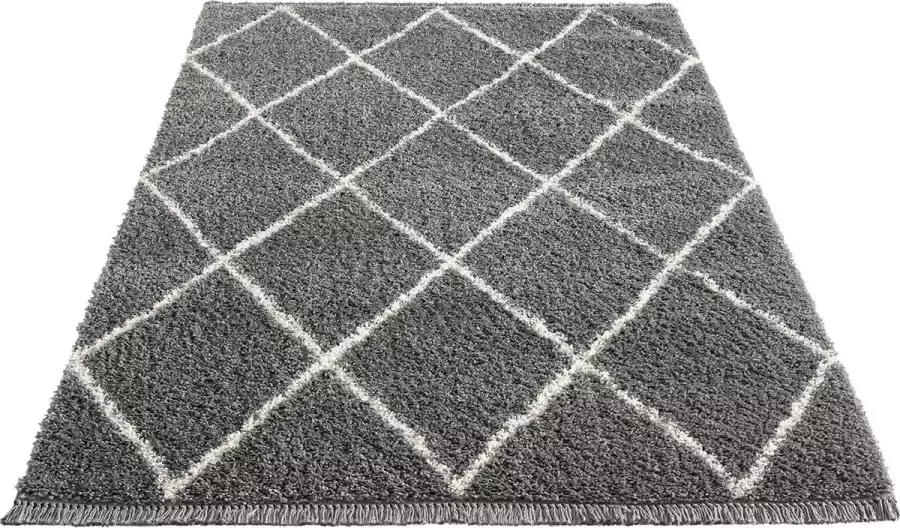 The carpet Vloerkleed Tapijt Woonkammer Bahar Shaggy Hoogpolig (35 mm) Langpolig Woonkamerkleed Ruitpatroon Grijs 80x250 cm