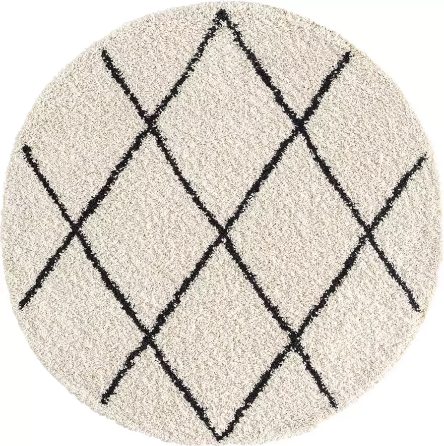 The carpet Vloerkleed Tapijt Woonkammer Bahar Shaggy Hoogpolig (35 mm) Langpolig Woonkamerkleed zonder Franjes Ruitpatroon Crème-Zwart 160 cm Rond