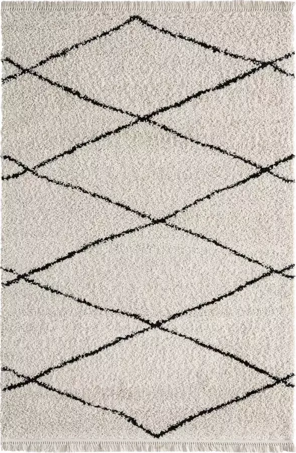 the carpet Vloerkleed Tapijt Woonkammer Bahar Shaggy Hoogpolig (35 mm) Langpolig Woonkamertapijt Patroon Crème-Zwart 080x250 cm