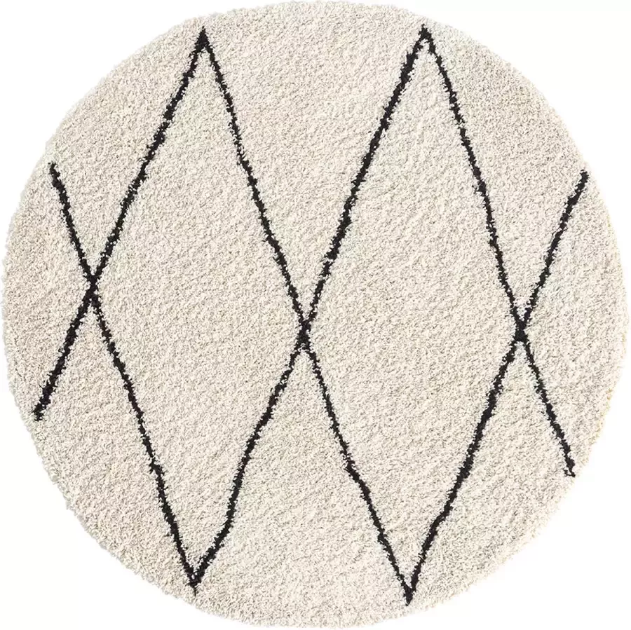 The carpet Vloerkleed Tapijt Woonkammer Bahar Shaggy Hoogpolig (35 mm) Langpolig Woonkamertapijt zonder Franjespatroon Crème-Zwart 160 cm Rond