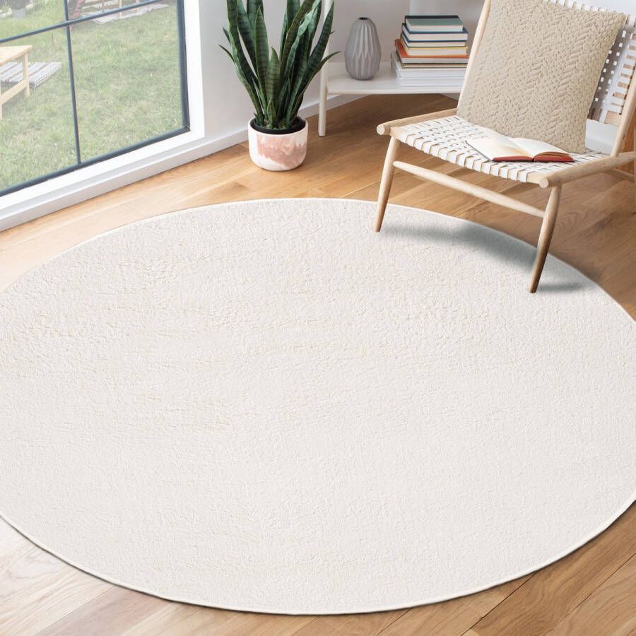 the carpet Vloerkleed voor woonkamer of slaapkamer in creme 120x120 cm Modern en zacht kortpolig tapijt Rond Antislip onderkant Wasbaar tot 30 Graden Rug for bedroom or living room RELAX kleed by