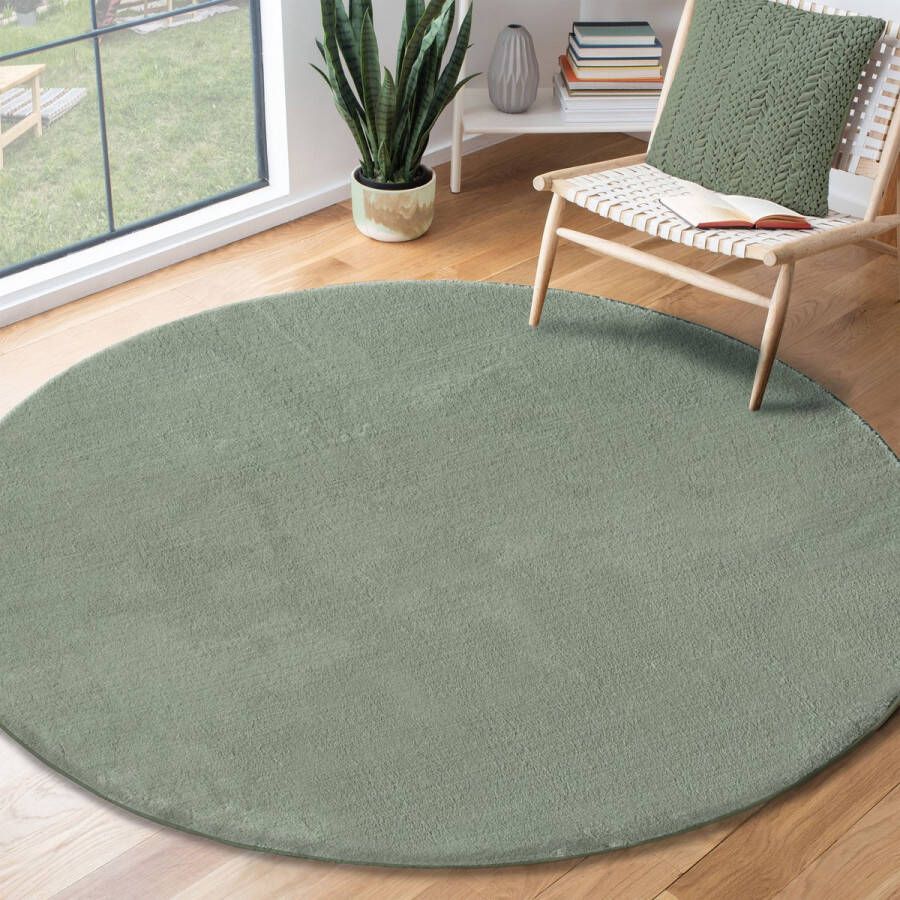 the carpet Vloerkleed voor woonkamer of slaapkamer in groen 120x120 cm Modern en zacht laagpolig tapijt Rond Antislip onderkant Wasbaar tot 30 Graden Rug for bedroom or living room RELAX kleed by