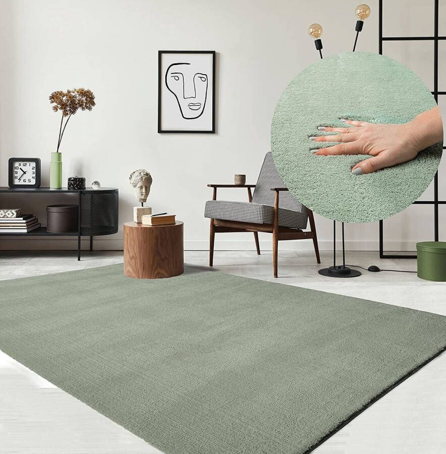 the carpet Vloerkleed voor woonkamer of slaapkamer in groen 160x230 cm Modern en zacht kortpolig tapijt Rechthoekig Antislip onderkant Wasbaar tot 30 Graden Rug for bedroom or living room RELAX kleed by