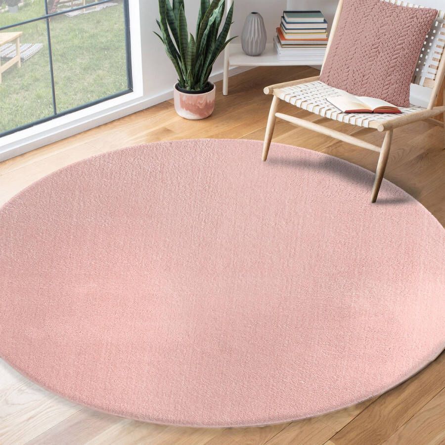 The carpet Vloerkleed voor woonkamer of slaapkamer in roze 200x200 cm Modern en zacht kortpolig tapijt Rond Antislip onderkant Wasbaar tot 30 Graden Rug for bedroom or living room RELAX kleed by