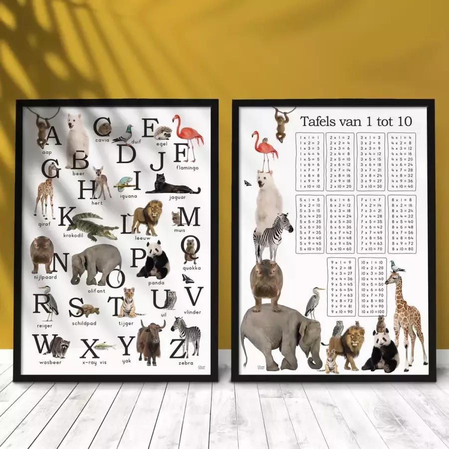 The Concept Kitchen Poster set Wilde Dieren ABC (alfabet) en Tafels van 10 (vermenigvuldigen) 50x70 cm