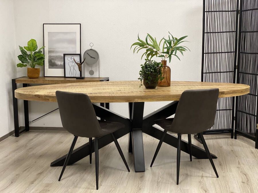 The Copperbarn Eethoek Combideal mangohout ovaal eettafel 220cm met 6 groene stoelen