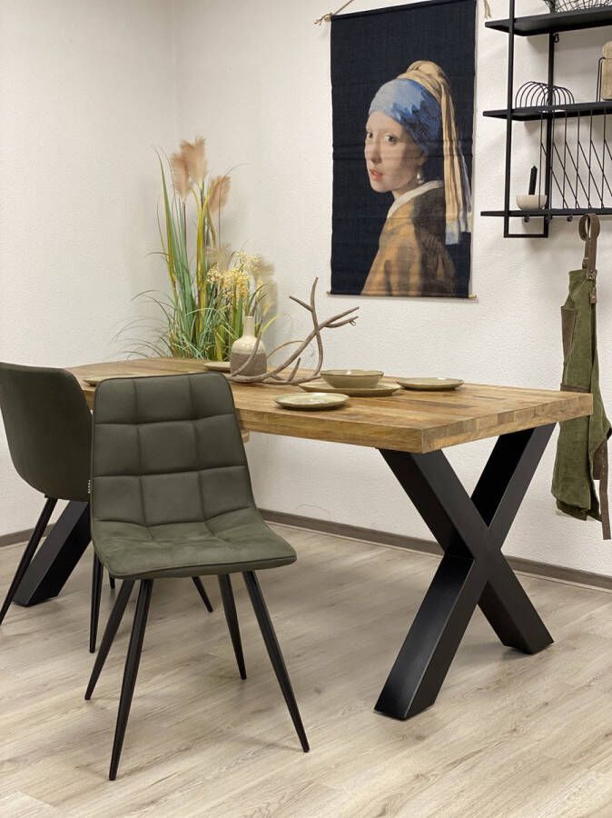 The Copperbarn Eethoek Combideal mangohout rechthoek eettafel 180cm met 6 groene stoelen