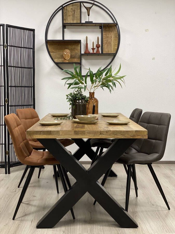 The Copperbarn Eethoek Combideal mangohout rechthoek eettafel 200cm met 4 stoelen