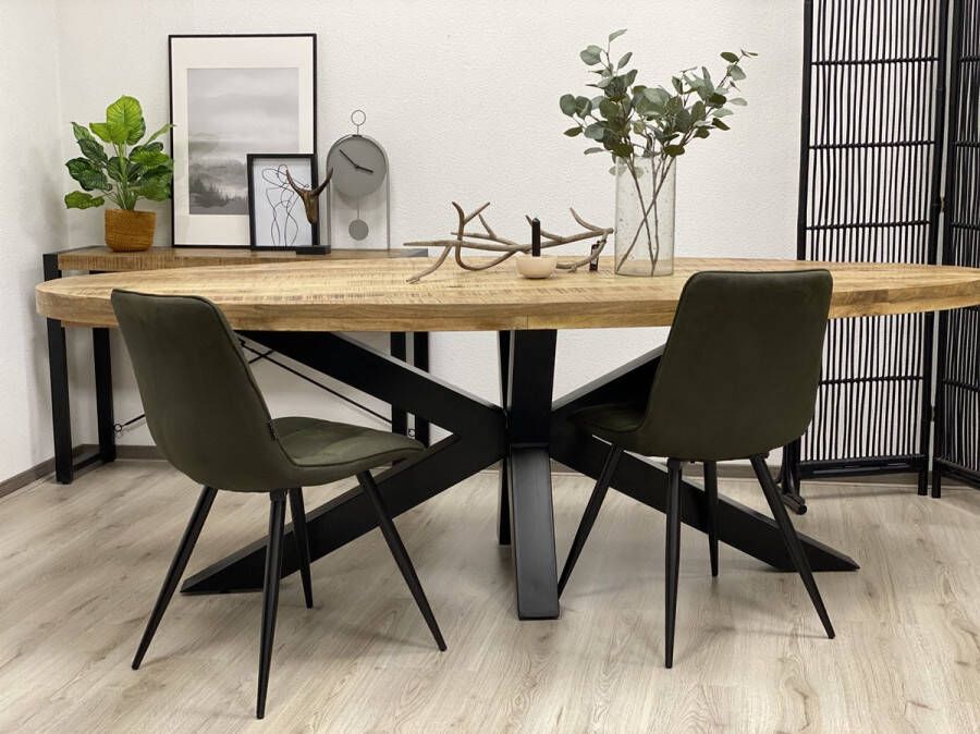 The Copperbarn Eethoek mangohout ovaal eettafel 180cm met 4 stoelen Ivoor