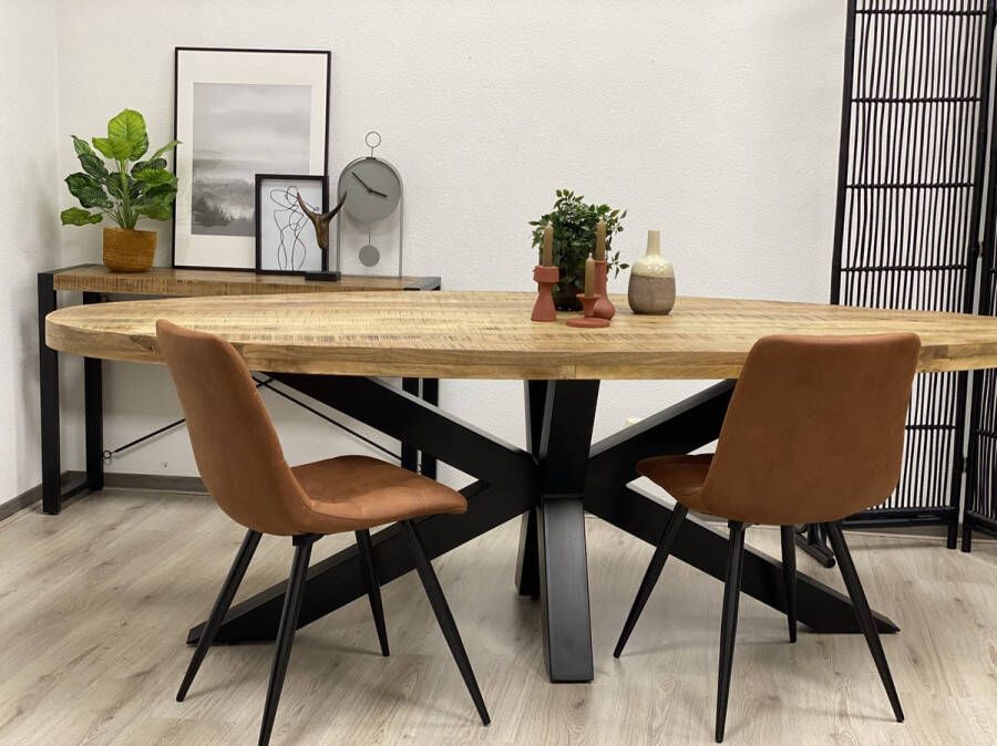 The Copperbarn Eethoek mangohout ovaal eettafel 200cm met 4 stoelen Oker
