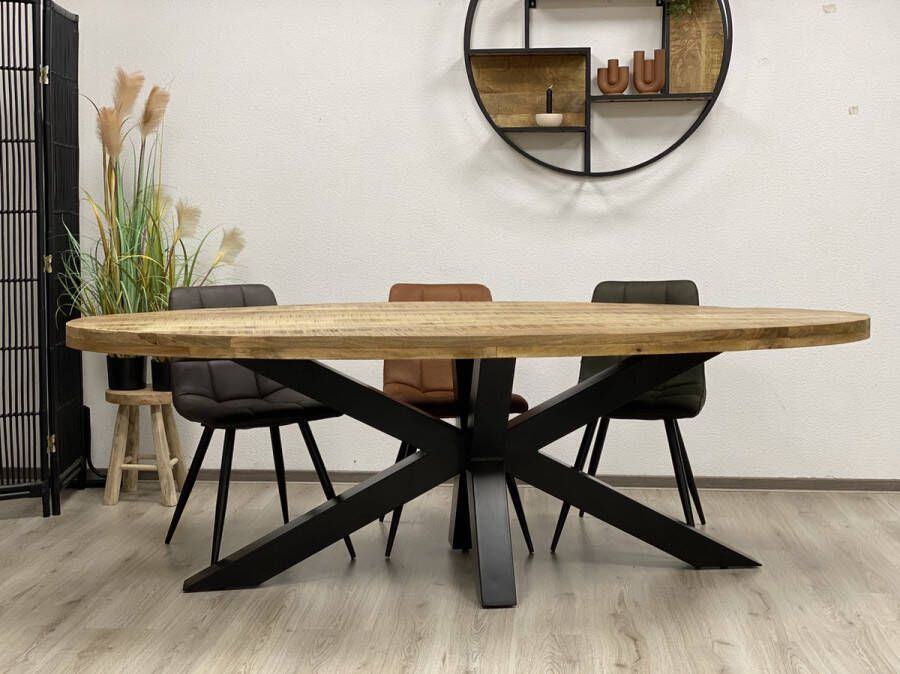 The Copperbarn Eethoek mangohout ovaal eettafel 200cm met 6 stoelen Ivoor