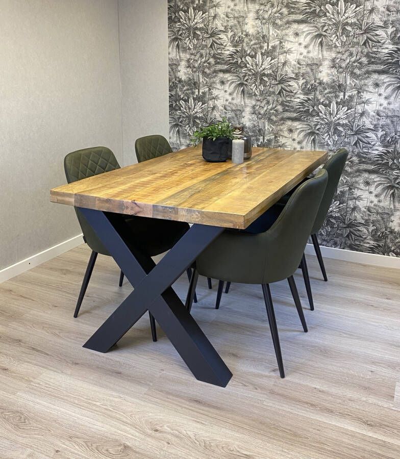 The Copperbarn Eethoek mangohout rechthoek eettafel 200cm met 4 groene stoelen