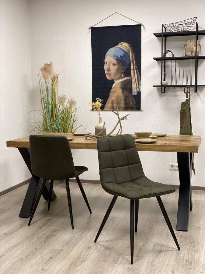 The Copperbarn Eethoek mangohout rechthoek eettafel 200cm met 6 groene stoelen