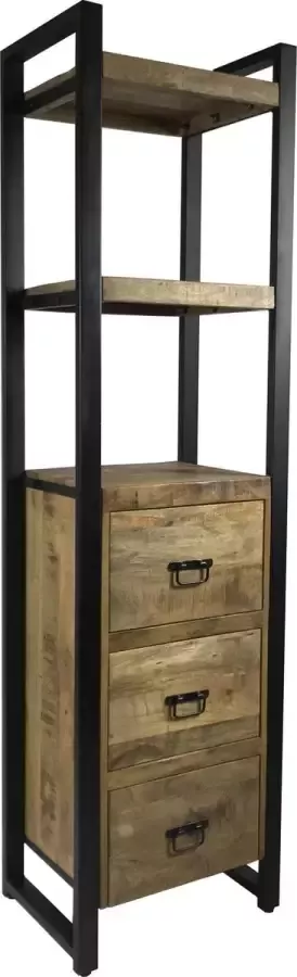 The Copperbarn Kast Britt boekenkast 3 lades mangohout industrieel 3 laden 200x55x45cm