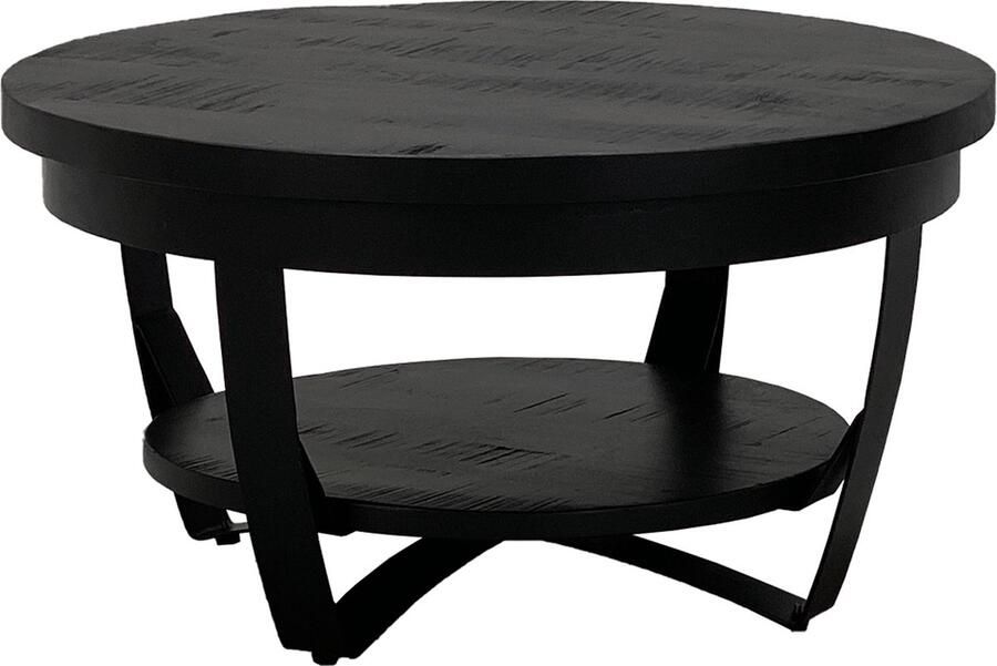 The Copperbarn Salontafel Industrieel Mangohout zwart rond 65 cm met onderblad