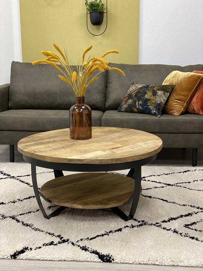 The Copperbarn Salontafel rond mangohout industrieel 90cm